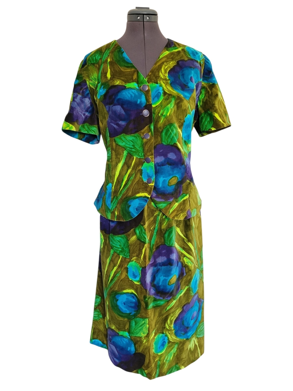 Vintage 60s 70s Hand Sewn Velvet Floral Skirt Set 2 PC Mid Midi Blue Green Mod